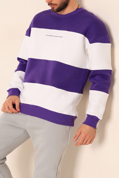 Mor Beyaz Oversize Üç İp Şardonlu Kabartma Yazılı Erkek Sweatshirt 222555