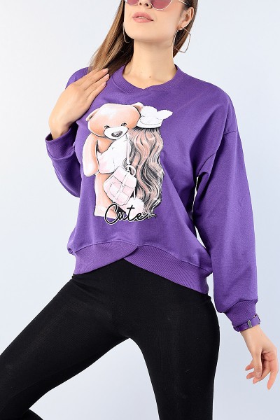 Mor Bisiklet Yaka Baskılı Bayan Sweat 75206