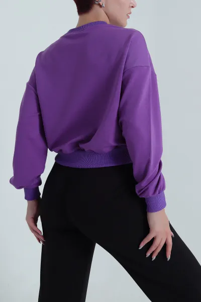 Mor Bisiklet Yaka İki İp Kadın Sweat 484273