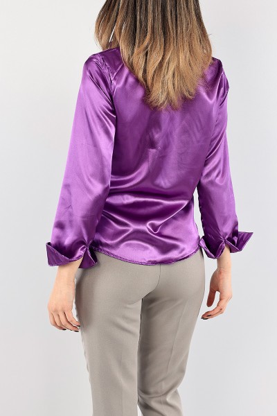 Mor Büzgülü Saten Bayan Gömlek 95416