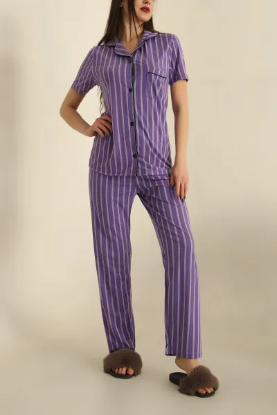 Mor Düğmeli Bayan Pijama Takımı 251565