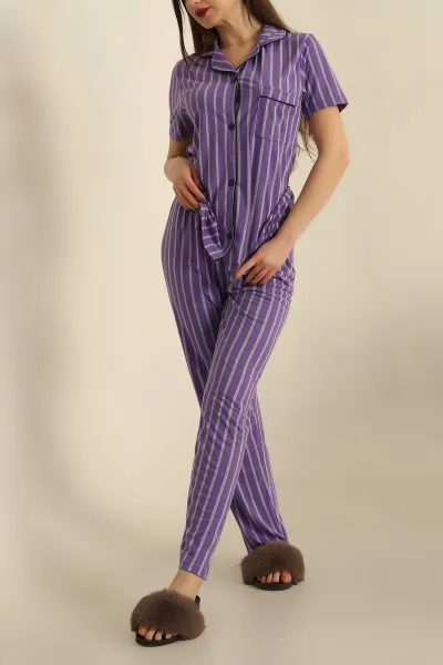 Mor Düğmeli Bayan Pijama Takımı 251565