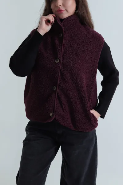 Mor Düğmeli Teddy Kadın Yelek 497616