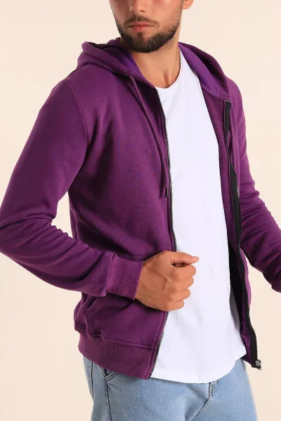 Mor Fermuarlı Kapüşonlu Erkek Sweatshirt 236551