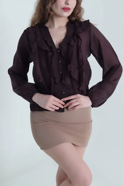 Mor Fırfırlı Tencel Kadın Gömlek 447697