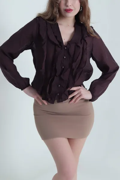 Mor Fırfırlı Tencel Kadın Gömlek 447697