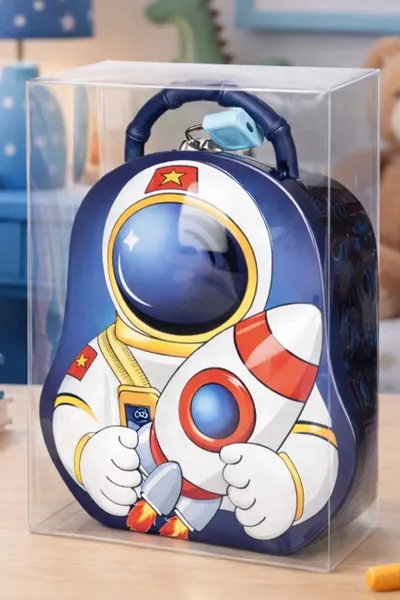 Mor Giftzen Astronot Temalı Kilitli Taşıma Saplı Metal Kumbara 458939