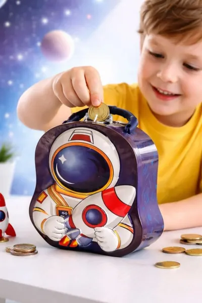 Mor Giftzen Astronot Temalı Kilitli Taşıma Saplı Metal Kumbara 458939