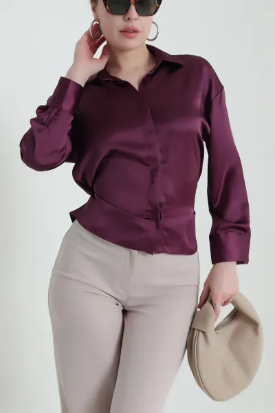 Mor Gizli Pat Kadın Saten Gömlek 439719