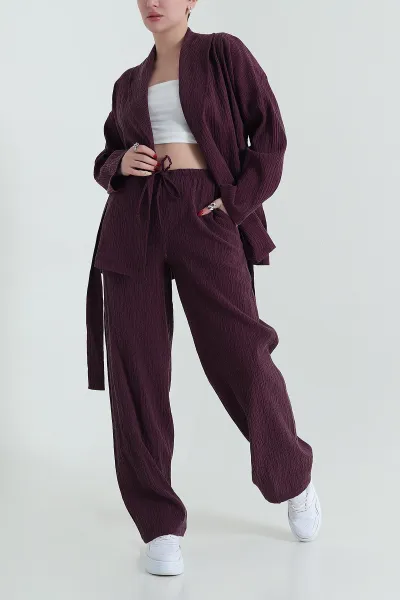 Mor Gofre Kimono Pantolon Kadın İkili Takım 429931