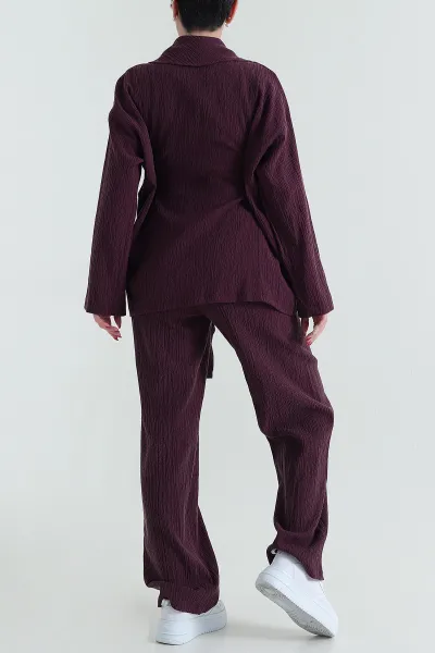 Mor Gofre Kimono Pantolon Kadın İkili Takım 429931