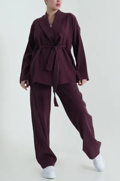 Mor Gofre Kimono Pantolon Kadın İkili Takım 429931