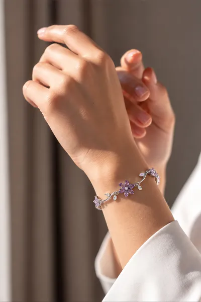 Mor Gümüş Çiçek Model Bileklik 489642