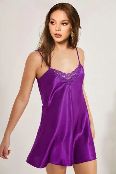 Mor Güpürlü Saten Gecelik 336712