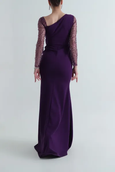 Mor İthal Crep Kadın Pul Payetli Abiye 398080