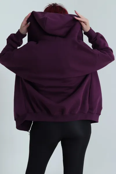 Mor Kapşonlu Şardonlu Üç İp Kadın Sweat 483270