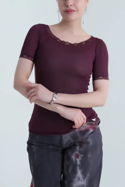 Mor Kayık Yaka Dantelli Kadın Viskon Bluz 456712