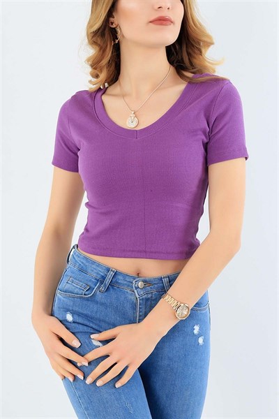 Mor Likralı Crop Tişört 33276