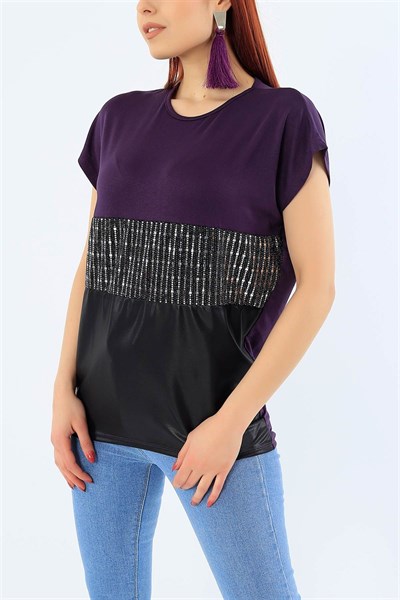 Mor Likralı Pul İşlemeli Bluz 32216
