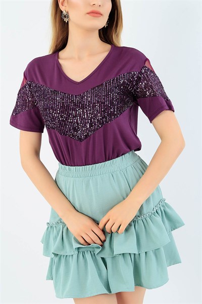 Mor Likralı Pul Payet Bluz 35901