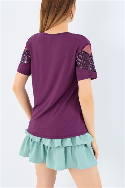 Mor Likralı Pul Payet Bluz 35901