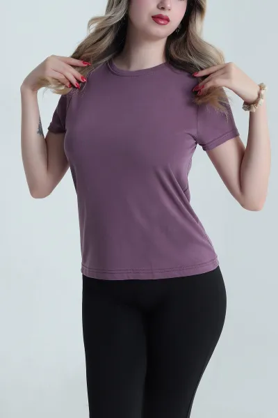 Mor Modal Bisiklet Yaka Kadın Tişört 482121