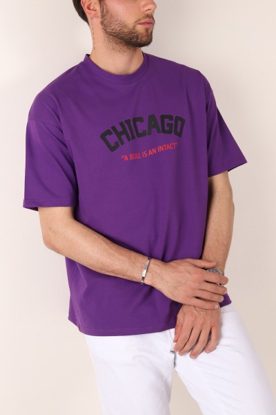 Mor Oversize Chicago Baskılı Erkek Tişört 181406