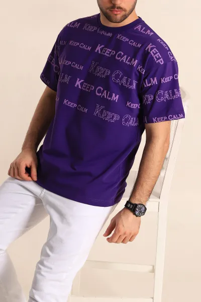 Mor Oversize İki İp Yazı Detay Erkek Tişört 247569