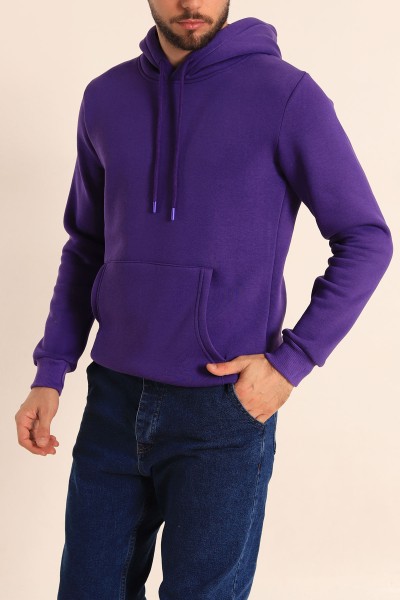 Mor Oversize Üç İp Şardonlu Basic Kapüşonlu Erkek Sweatshirt 222528