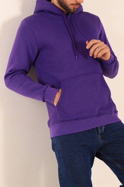 Mor Oversize Üç İp Şardonlu Basic Kapüşonlu Erkek Sweatshirt 222528