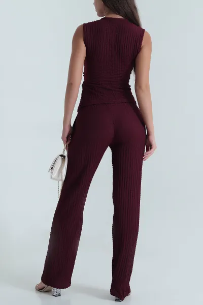Mor Pantolon Bluz Gofre Kadın İkili Takım 473647