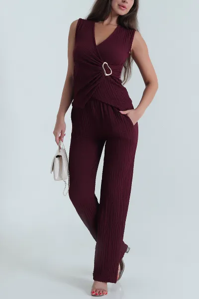 Mor Pantolon Bluz Gofre Kadın İkili Takım 473647