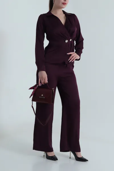 Mor Pantolon Bluz Saten Kadın İkili Takım 485557