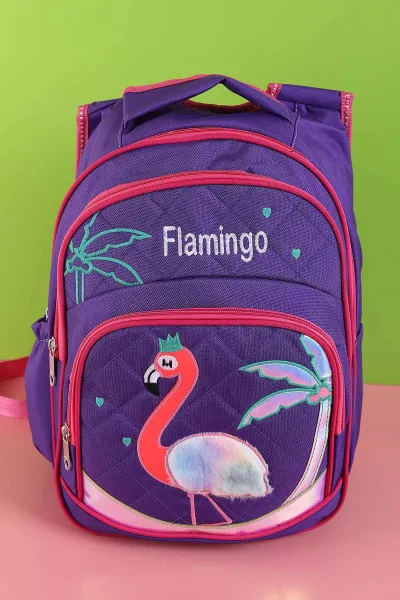 Mor Peluş Flamingo Kabartma Desenli Beslenme Çantalı İkili Sırt Çantası Seti 288992