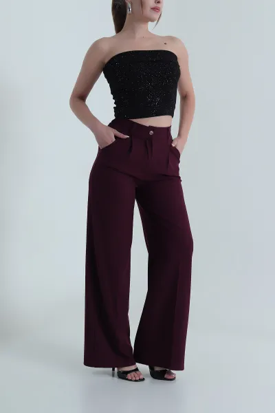Mor Pileli Cepli Double Kadın Pantolon 486955