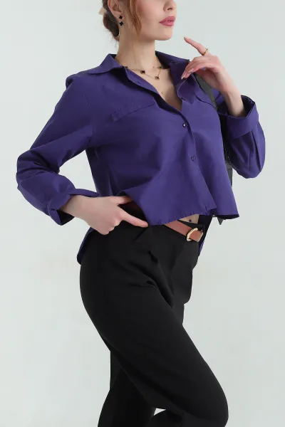 Mor Poplin Kumaş Kadın Crop Gömlek 355799