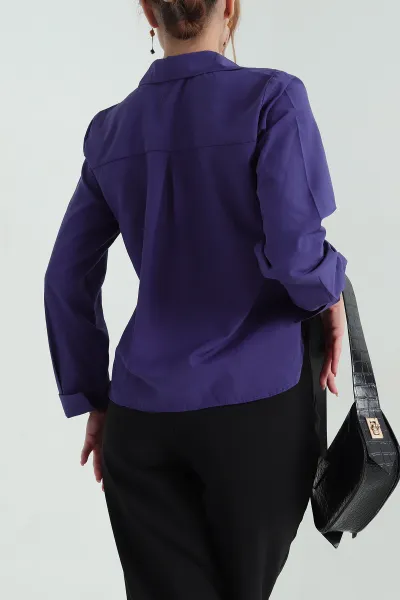 Mor Poplin Kumaş Kadın Crop Gömlek 355799