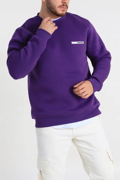 Mor Relaxed Fit Üç İp Şardonlu Kabartma Detaylı Erkek Sweatshirt 309902