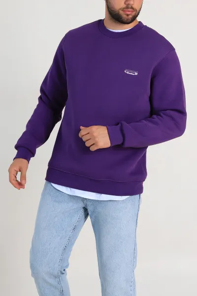 Mor Relaxed Fit Üç İp Şardonlu Kabartma Yazı Detay Erkek Sweatshirt 310407