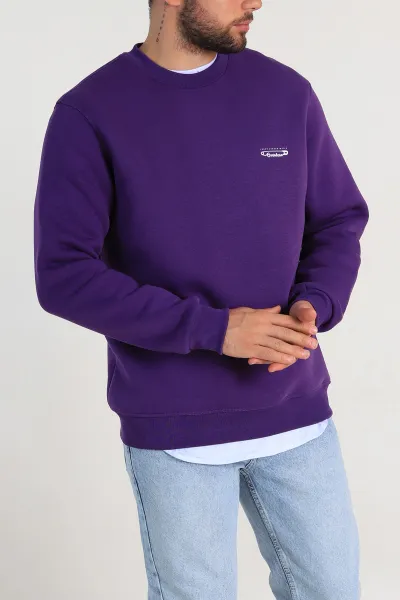 Mor Relaxed Fit Üç İp Şardonlu Kabartma Yazı Detay Erkek Sweatshirt 310407