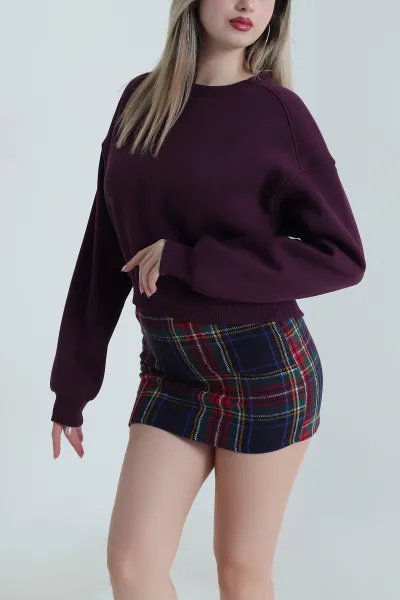 Mor Şardonlu Üç İp Kadın Fermuarsız Sweat 489838