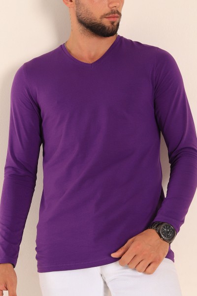 Mor Slim Fit Basic V Yaka Likralı Uzun Kollu Erkek Tişört 199058