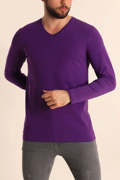 Mor Slim Fit V Yaka Likralı Basic Erkek Sweatshirt 234990