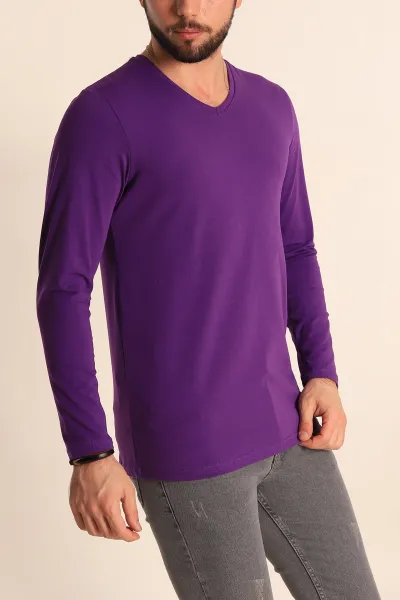 Mor Slim Fit V Yaka Likralı Basic Erkek Sweatshirt 234990