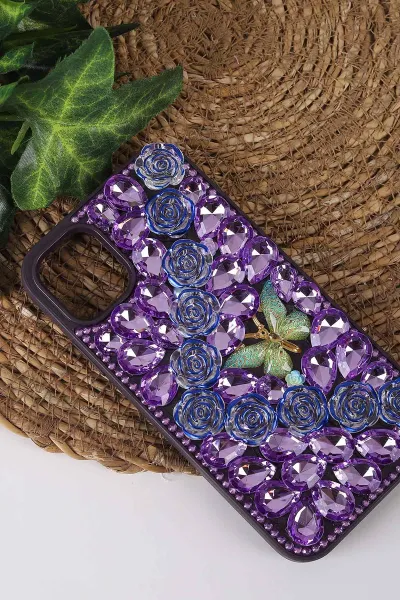 Mor TeknoCase İPhone 11 Uyumlu Daisy Case Serisi Taşlı Vakumlu Sert Silikon Telefon Kılıfı 431015