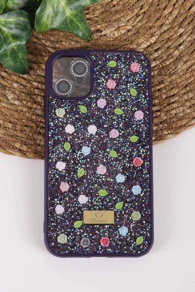 Mor TeknoCase İPhone 11 Uyumlu Rose Diamond Case Serisi Gül Desenli Lens Hediyeli Sert Silikon Telefon Kılıfı 450117