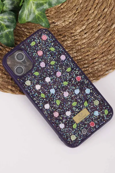 Mor TeknoCase İPhone 11 Uyumlu Rose Diamond Case Serisi Gül Desenli Lens Hediyeli Sert Silikon Telefon Kılıfı 450117