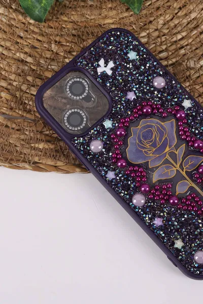 Mor TeknoCase İPhone 12 Uyumlu Afra Diamond Case Serisi Lens Hediyeli Premium Sert Silikon Telefon Kılıfı 430499
