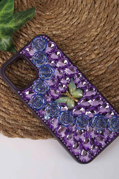 Mor TeknoCase İPhone 12 Uyumlu Daisy Case Serisi Taşlı Vakumlu Sert Silikon Telefon Kılıfı 431022