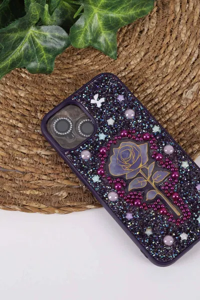 Mor TeknoCase İPhone 13 Uyumlu Afra Diamond Case Serisi Lens Hediyeli Premium Sert Silikon Telefon Kılıfı 430504